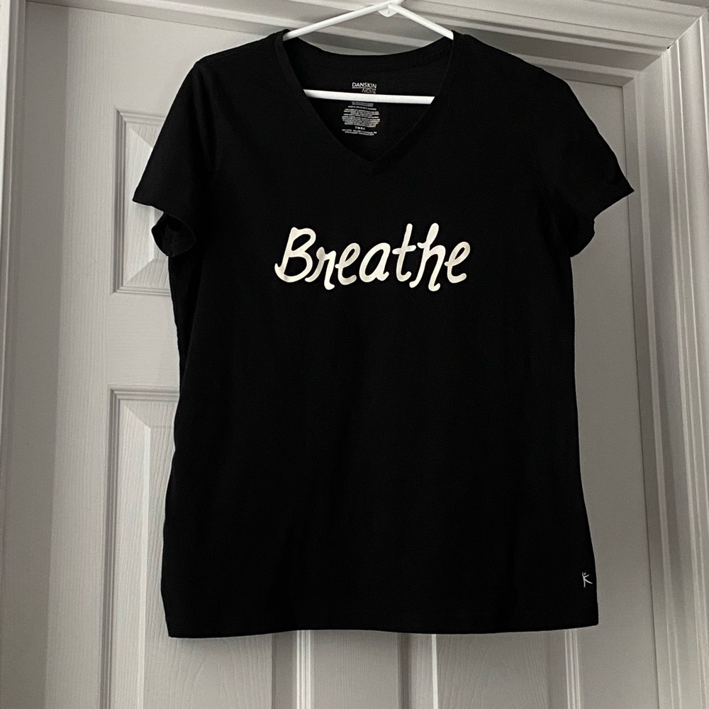 Danskin Black V-Neck Tee with White "Breathe" Script